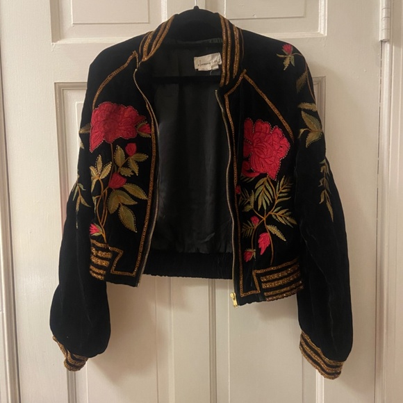 Anthropologie jacket velvet black bomber red xxs beaded - Picture 2 of 6
